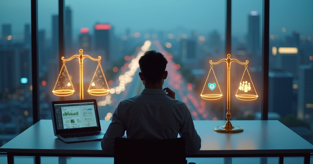 Profissional em escritório diante de balança de justiça digital refletindo sobre dilema ético 