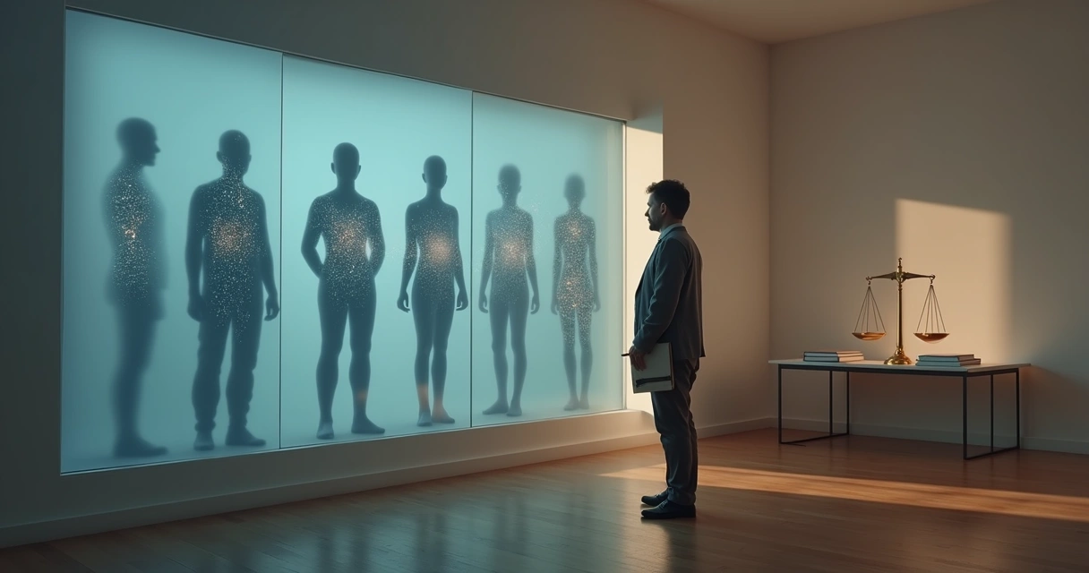 Profesional observa siluetas humanas superpuestas con balanza iluminada al fondo 