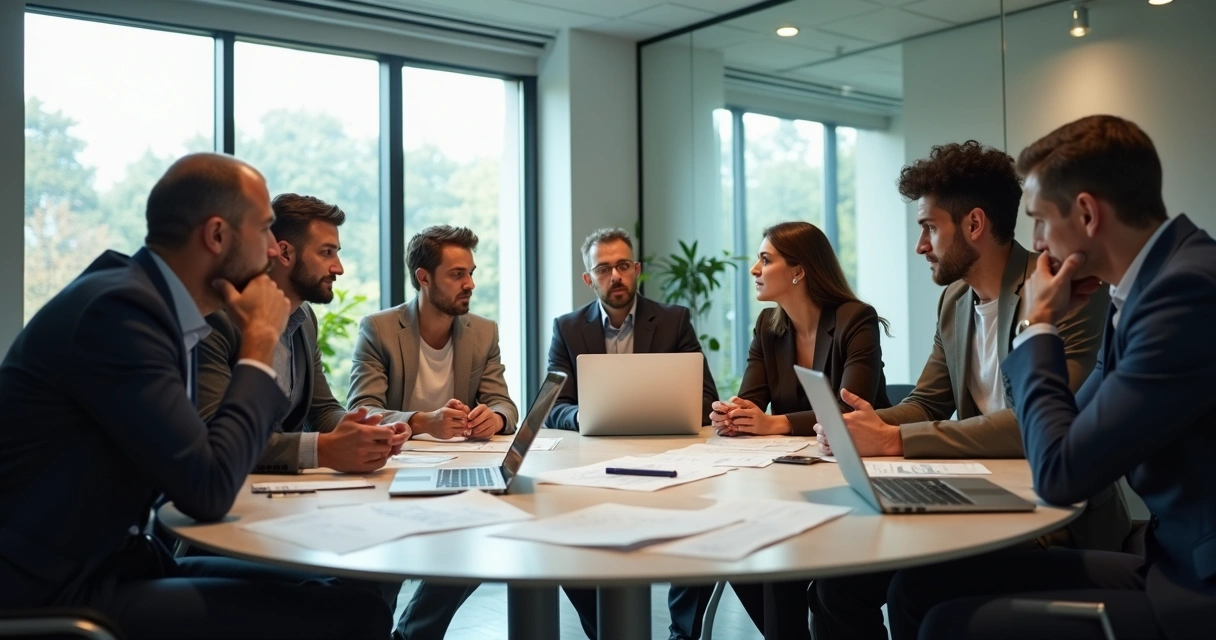 Equipes discutindo dilema ético em reunião, expressões de dúvida e debate 