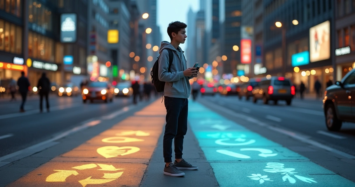 Pessoa em calçada urbana movimentada escolhendo entre dois caminhos iluminados 