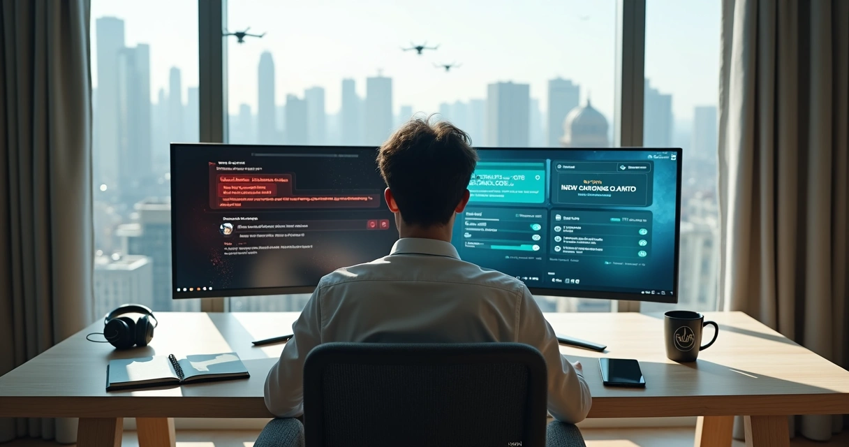 Profissional em home office dividido entre duas escolhas éticas na tela do computador 