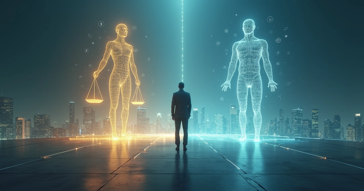 Pessoa em equilíbrio entre símbolos de ética e valor humano 