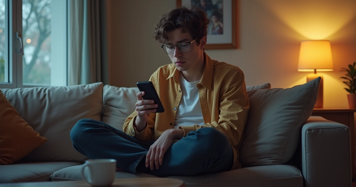 Pessoa hesitando ao responder mensagem no celular em ambiente doméstico