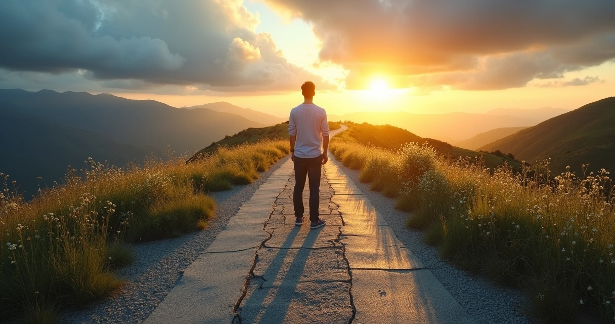 Pessoa em encruzilhada entre caminho escuro e caminho iluminado 