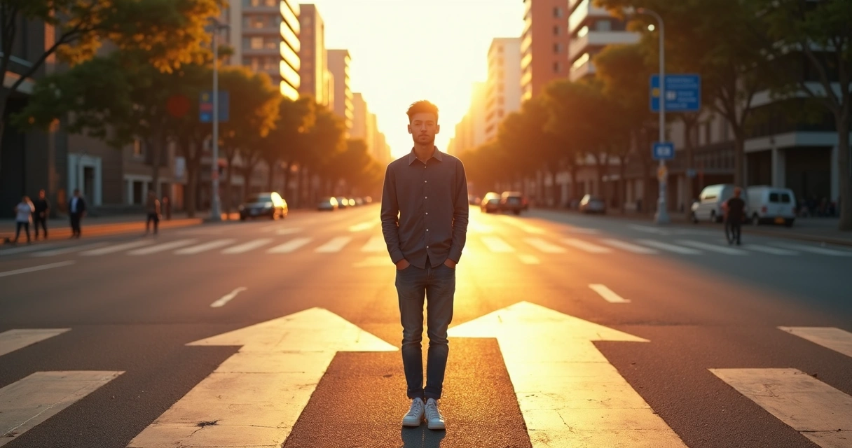 Persona parada en una intersección de caminos en un entorno urbano, pensando cuál camino tomar 