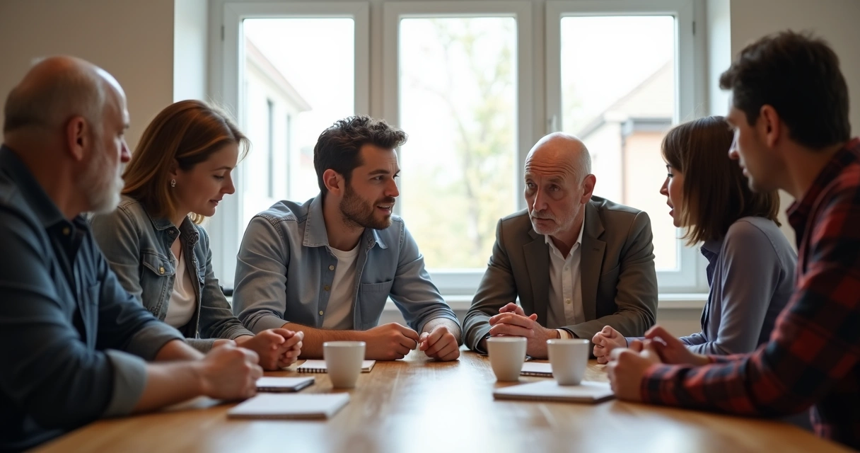 Grupo em volta de uma mesa debatendo, expressões atentas, cadernos e xícaras de café na mesa 
