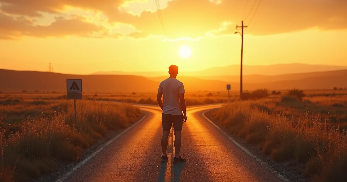 Pessoa em pé em uma encruzilhada ao pôr do sol, refletindo sobre escolhas na vida 