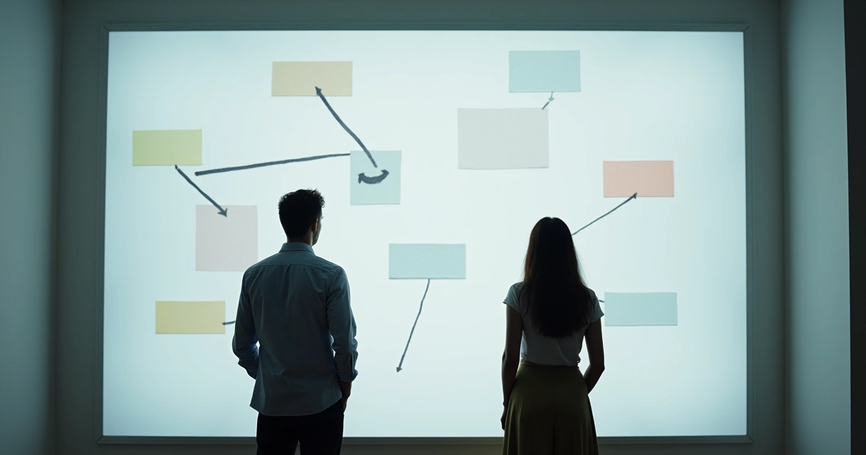 Dos personas de pie posando frente a un tablero con opciones y flechas, pensando sus elecciones. 