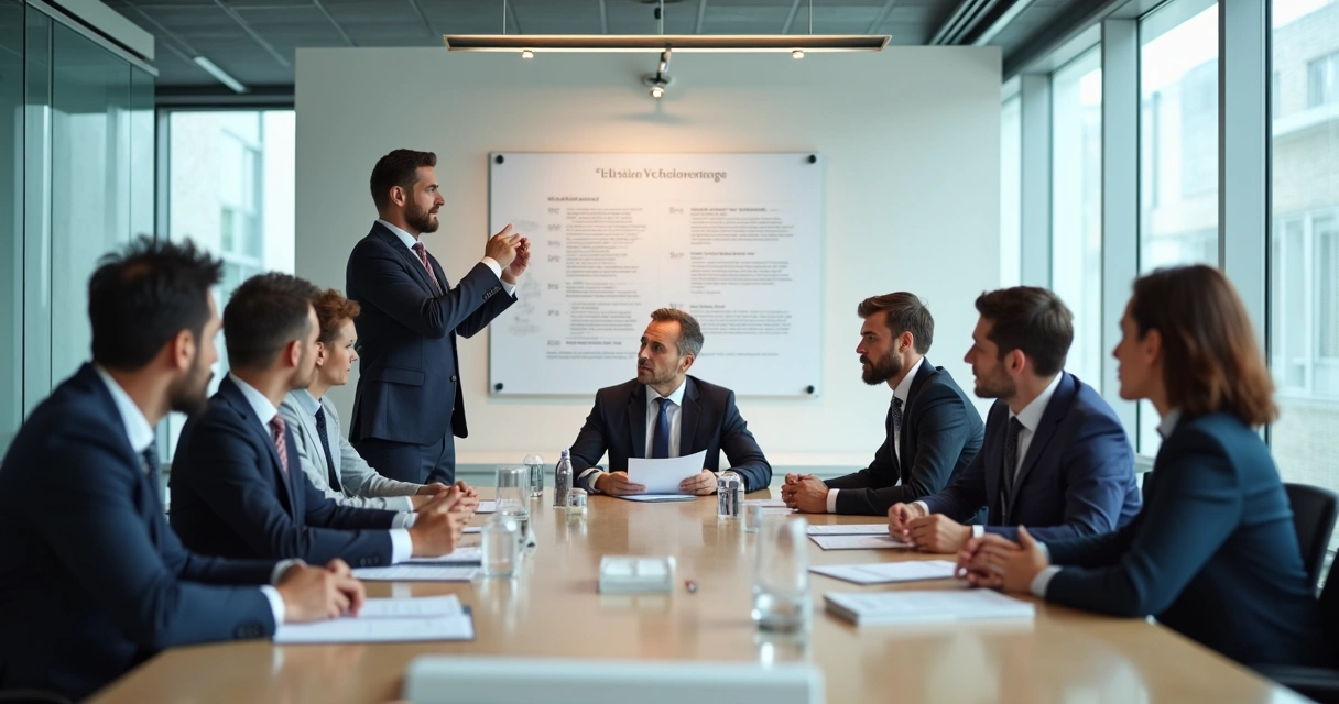 Pessoas em reunião corporativa debatendo aspectos éticos, com documentos na mesa 
