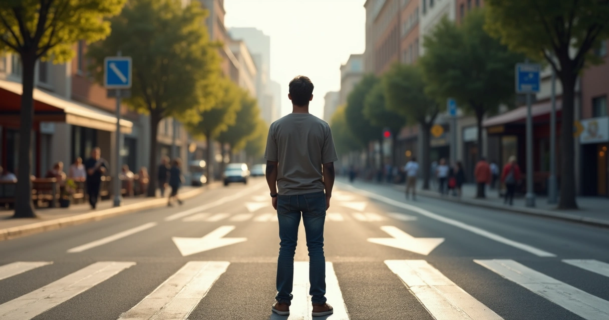 Pessoa dividida entre duas escolhas em uma rua com setas opostas 
