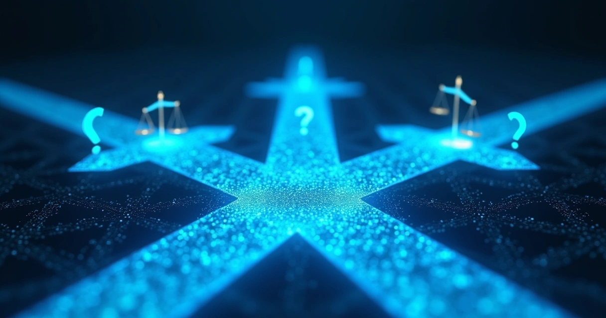 Caminhos virtuais azulados se cruzando em tela digital com ícones de justiça 