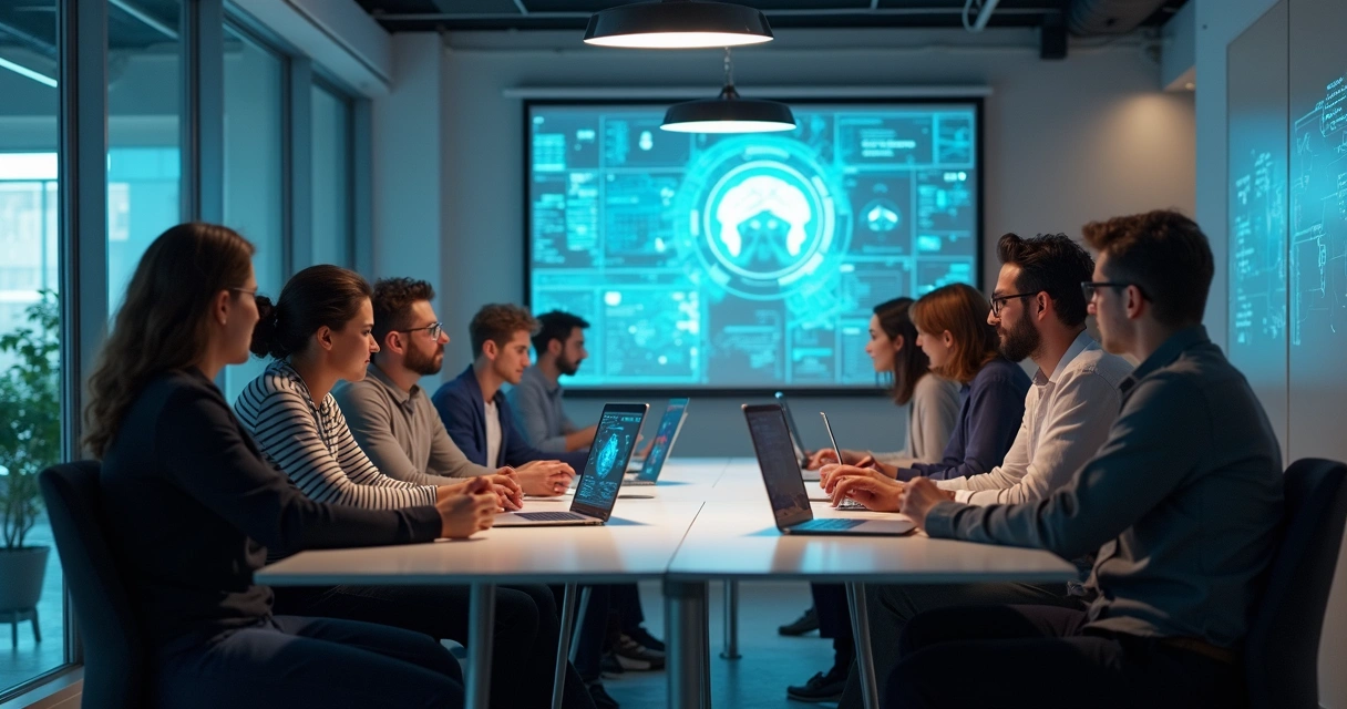 Mesa de reunião moderna com equipe de startup discutindo dilemas éticos em ambiente tecnológico 