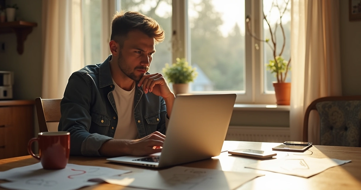 Pessoa analisando dilemas éticos diante de um notebook em ambiente doméstico