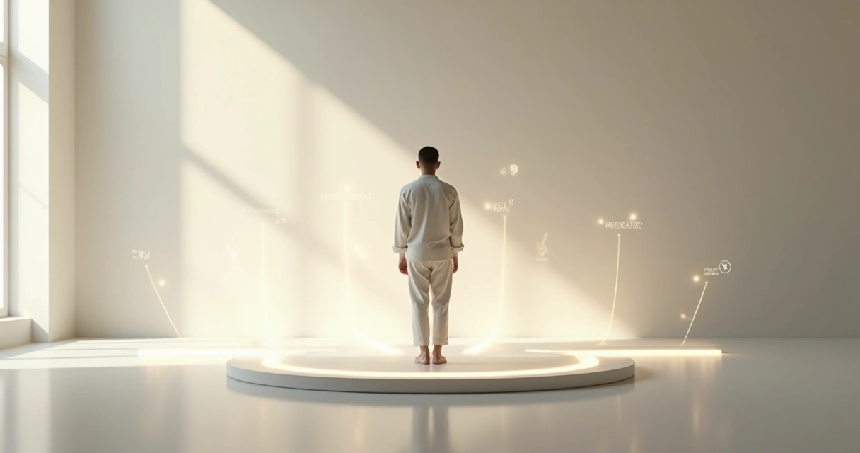 Pessoa em encruzilhada olhando cinco caminhos simbólicos de transformação humana 