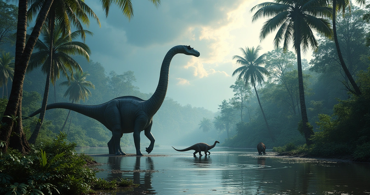 Um Argentinosaurus em um ambiente inundado e desolado, lutando pela sobrevivência após o Dilúvio.