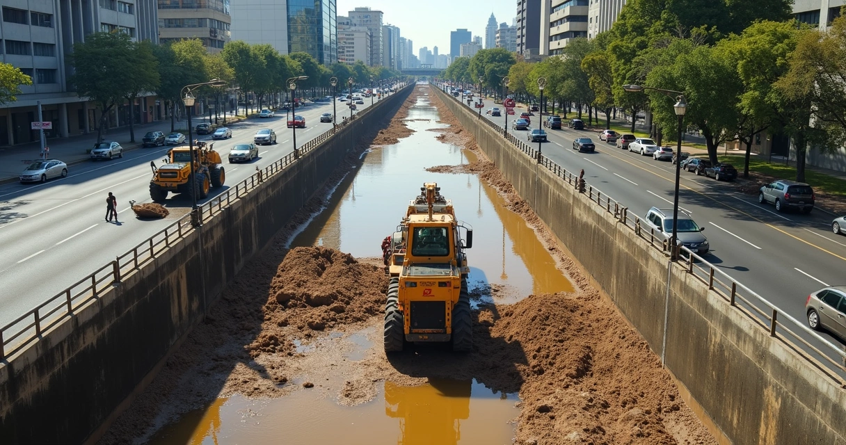 Maquinário limpando canal do Arroio Dilúvio próximo à Avenida Ipiranga 