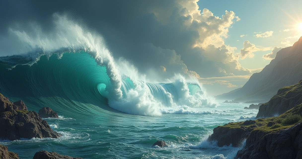 Representação de um dilúvio global com camadas geológicas visíveis e criaturas marinhas em um ambiente pré-histórico.