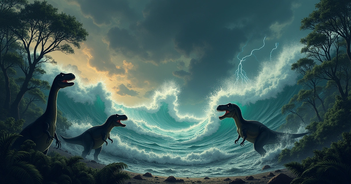 Uma cena de dilúvio com dinossauros lutando contra ondas em um ambiente pré-histórico destruído.