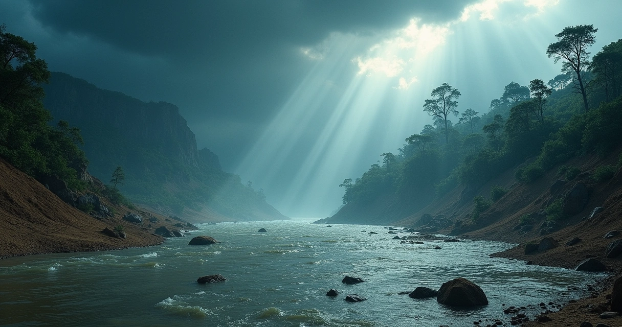Escena do Dilúvio Universal com água, restos de fósseis e nuvens escuras, simbolizando a catástrofe.