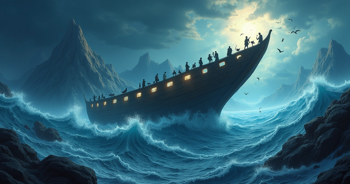 Ilustração do Dilúvio Universal com a arca de Noé flutuando em águas turbulentas e céu tempestuoso.