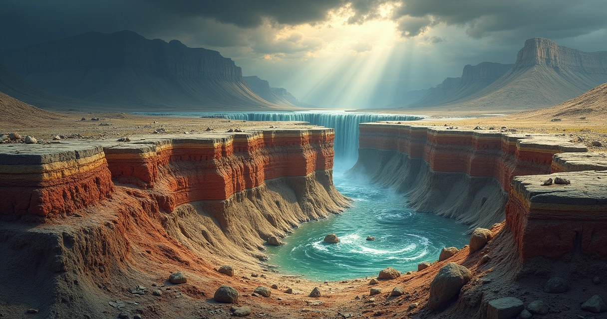 Paisagem mostrando o impacto do Dilúvio Universal com camadas sedimentares e fósseis expostos.