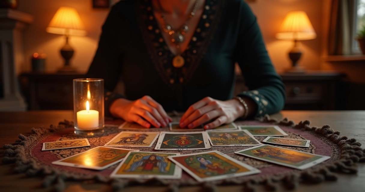 Tarot reading in cozy dim candlelight 