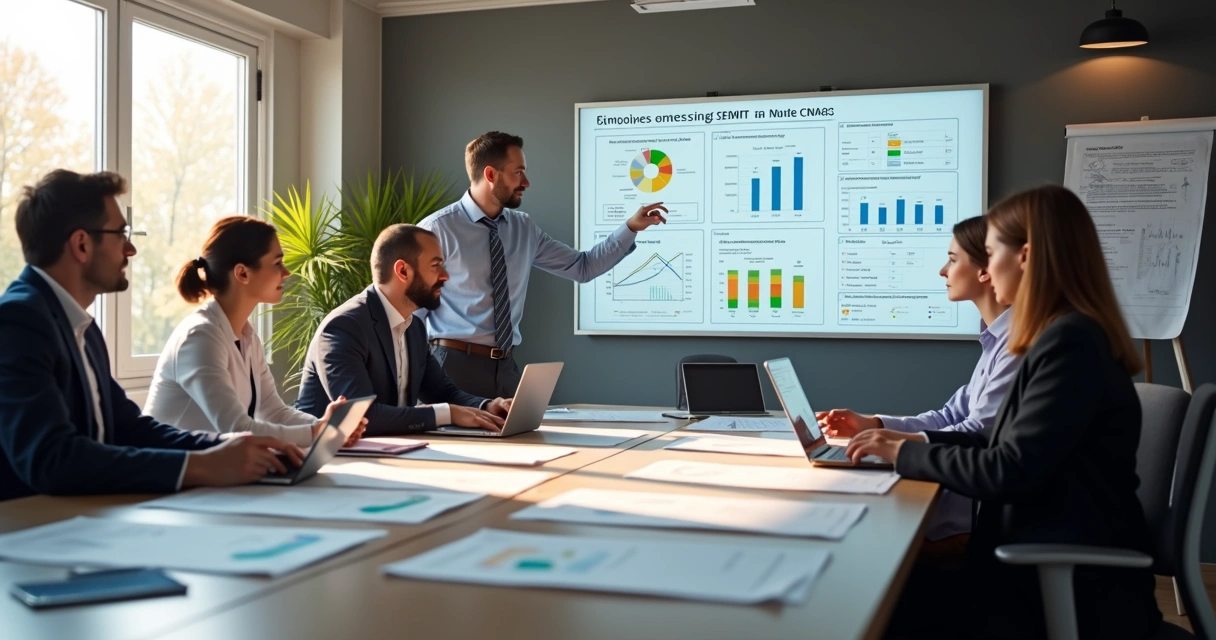 Equipe multidisciplinar em reunião avaliando quadro de funcionários por setores 