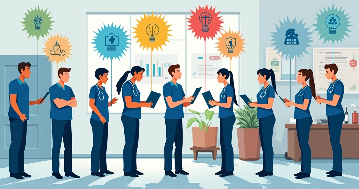Gráfico colorido mostrando a estrutura de um SESMT em uma empresa industrial, com profissionais em uniformes especializados e quadros de dimensionamento visíveis ao fundo. 