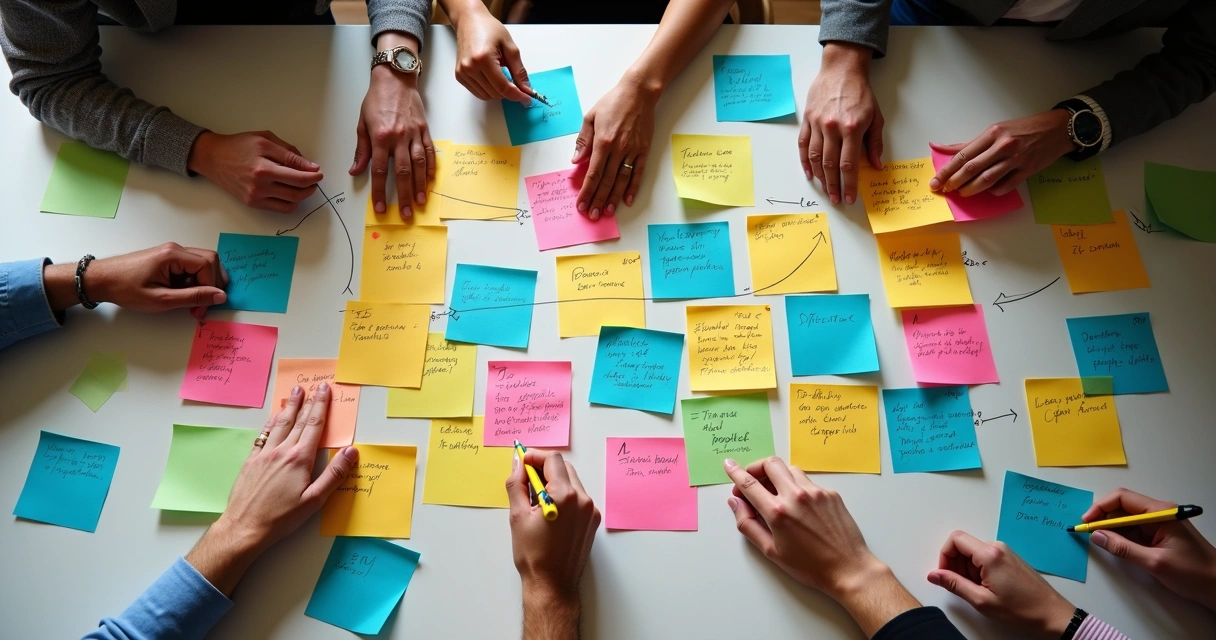 Post-its coloridos em brainstorming grupal 