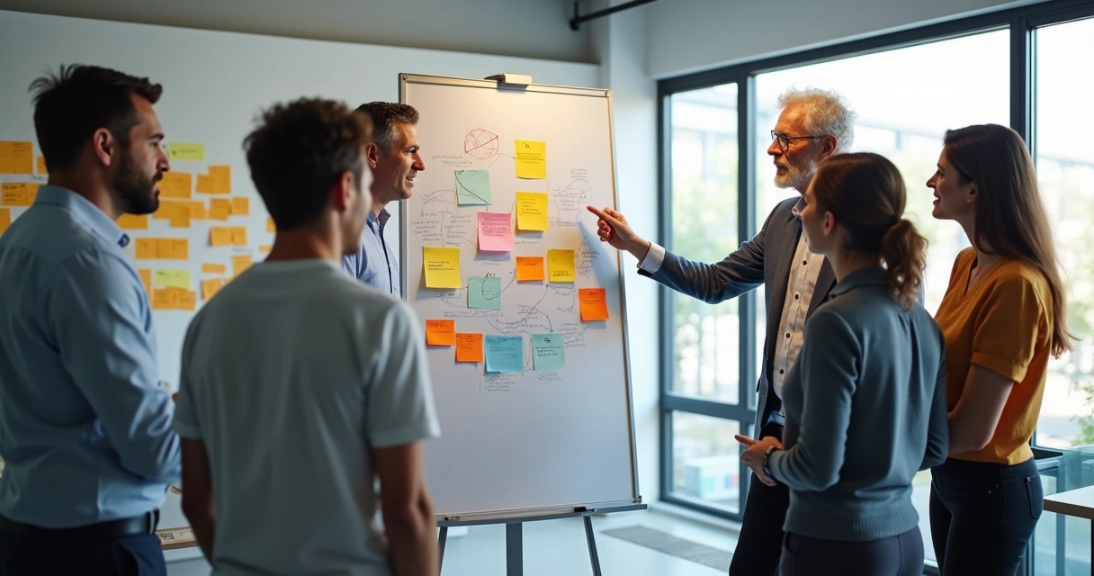 Dinâmica visual de círculo de decisão com vários membros colaborando em um quadro branco