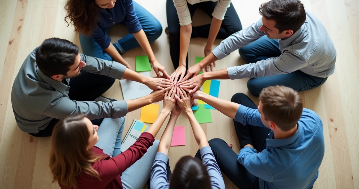 Colaboradores em roda, mãos dadas no centro e anotações coloridas no chão. 