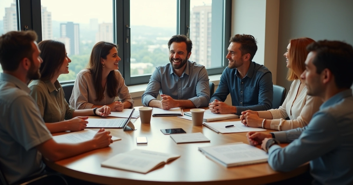 Equipe reunida interagindo em mesa redonda, trocando ideias em clima colaborativo 