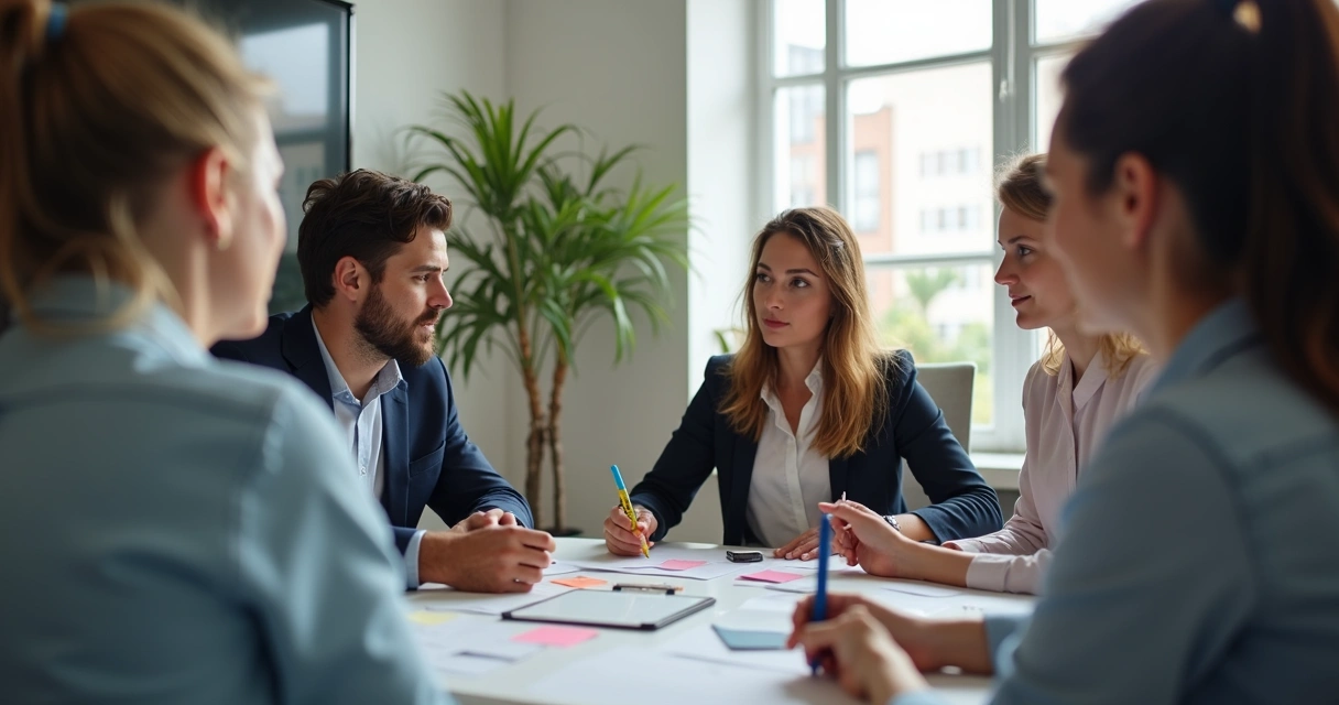 Dinámica de equipo empresarial con líder facilitando ejercicios de conciencia 