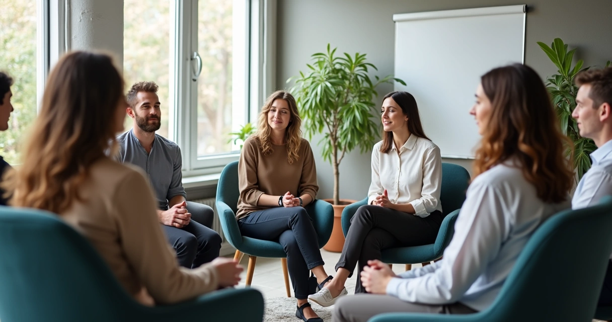 Empleados compartiendo en dinámica grupal en círculo