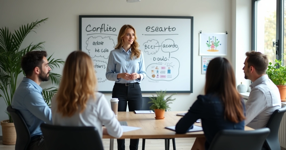 Time realizando dinâmica para resolução de conflito e confiança 