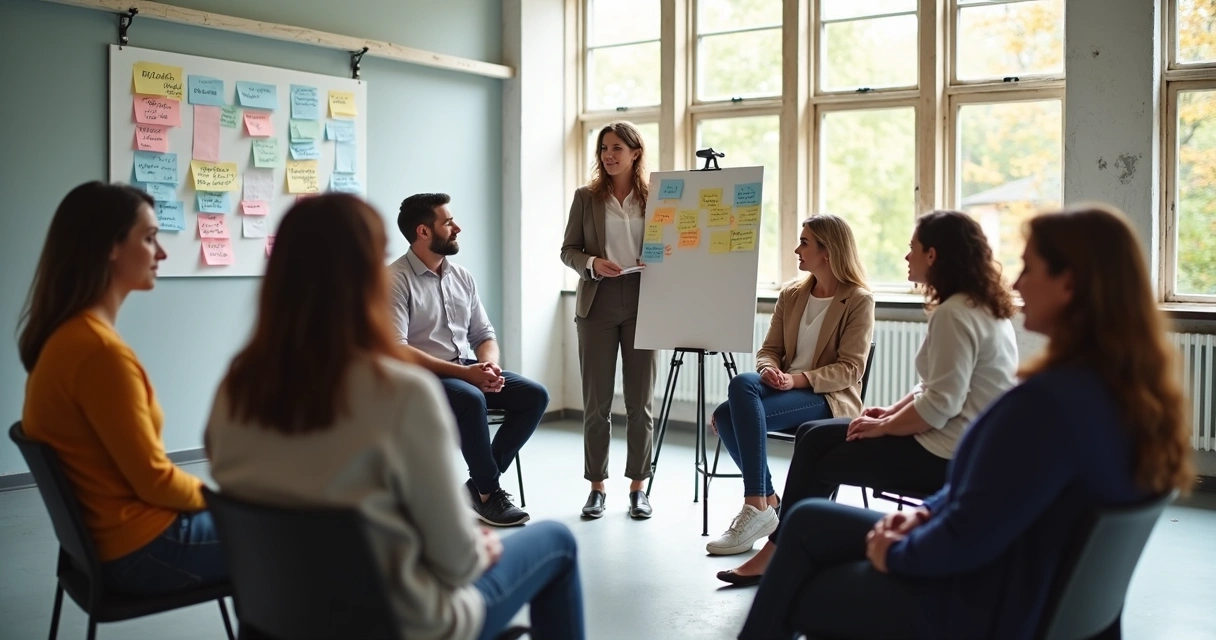 Equipe reunida em círculo com foco em diálogo aberto, facilitador com quadro branco ao centro 
