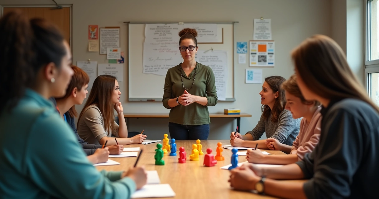 Facilitadora guiando dinâmica sistêmica com objetos 