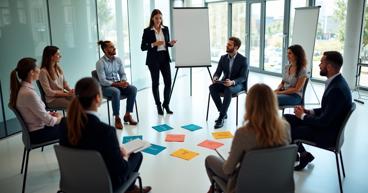 Dinâmica com pessoas representando setores da empresa em círculo 