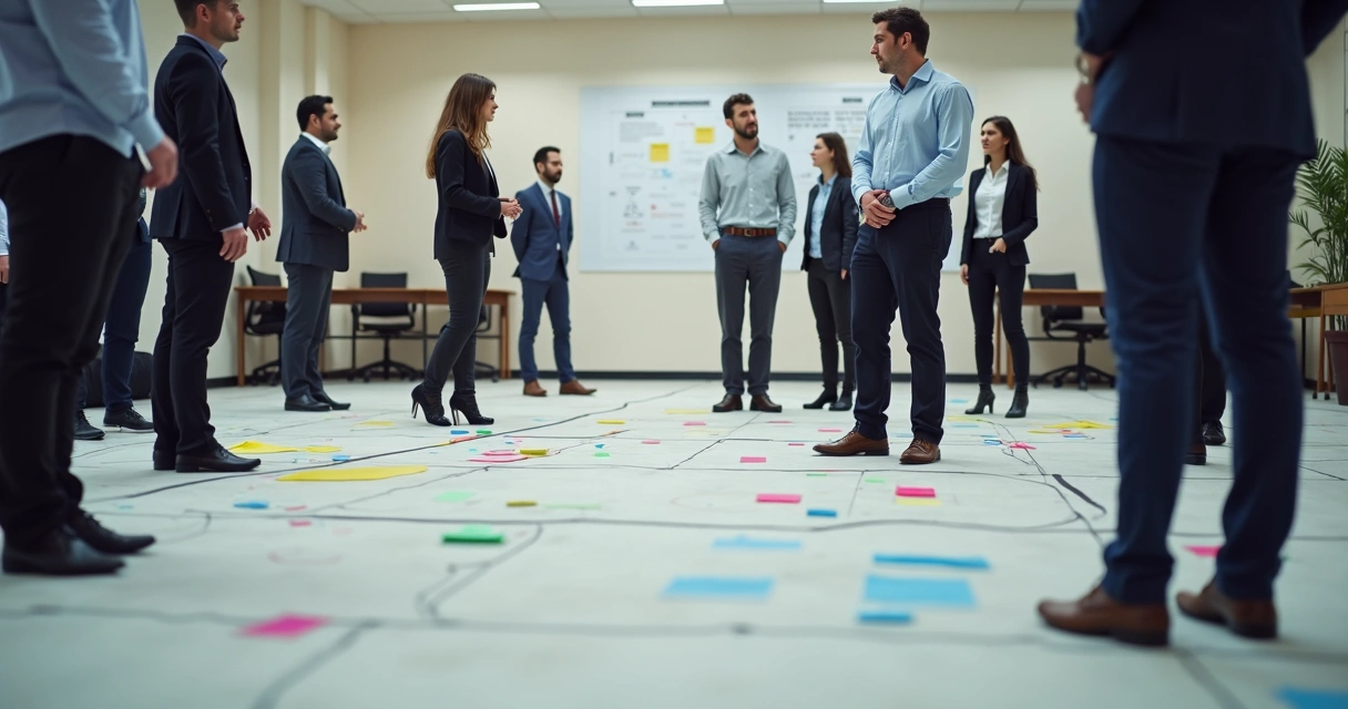 Representação visual de uma sessão de constelação organizacional com líderes e elementos marcados no chão 