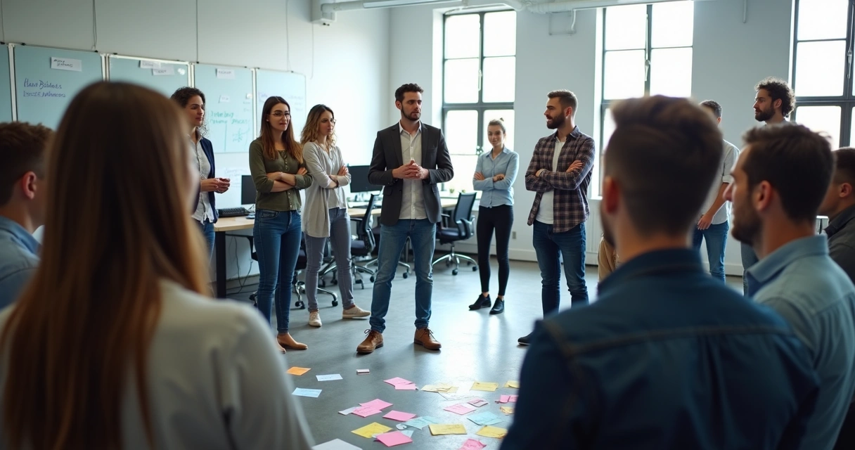 Grupo participando de constelação organizacional em ambiente moderno de escritório 