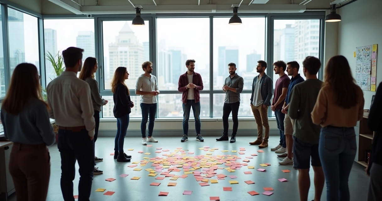 Dinâmica de constelação sistêmica em uma startup com pessoas em pé, post-its 