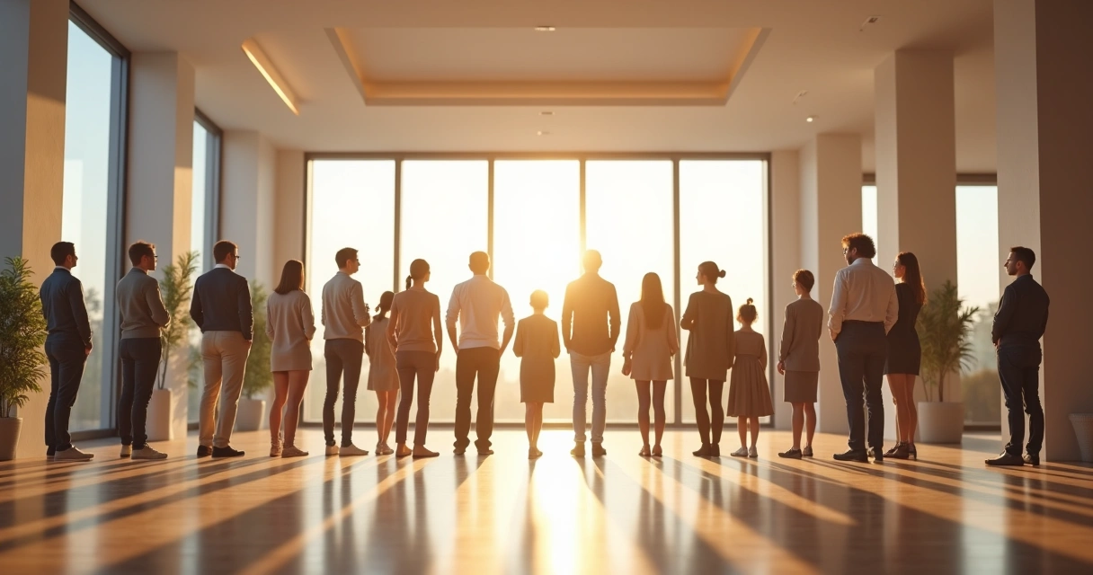 Personas alineadas representando generaciones familiares en un salón amplio