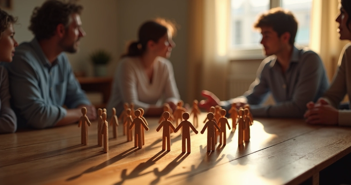 Dinámica de constelación familiar representada por piezas humanas organizadas