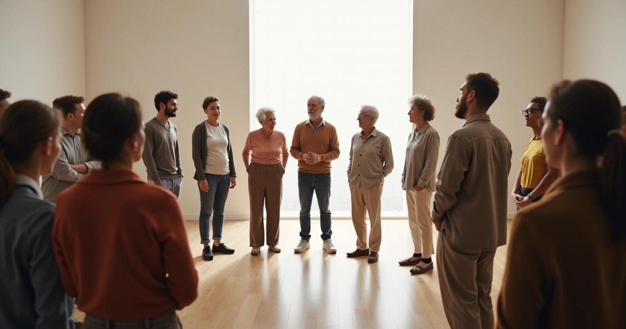 Personas de pie formando un círculo en una sala iluminada, participando en una dinámica grupal de constelaciones sistémicas. 