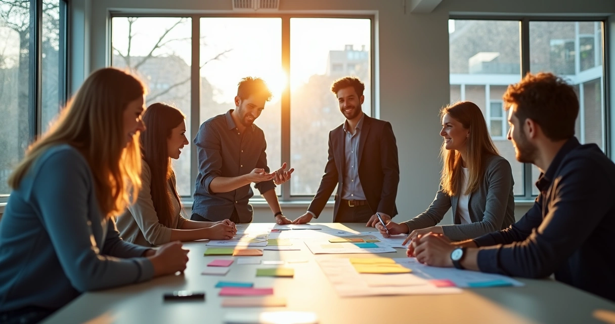 Profissionais em dinâmica de grupo durante coaching coletivo 