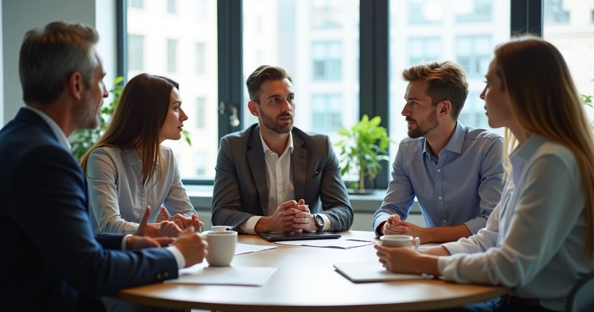 Personas discutiendo y colaborando en una mesa de trabajo 