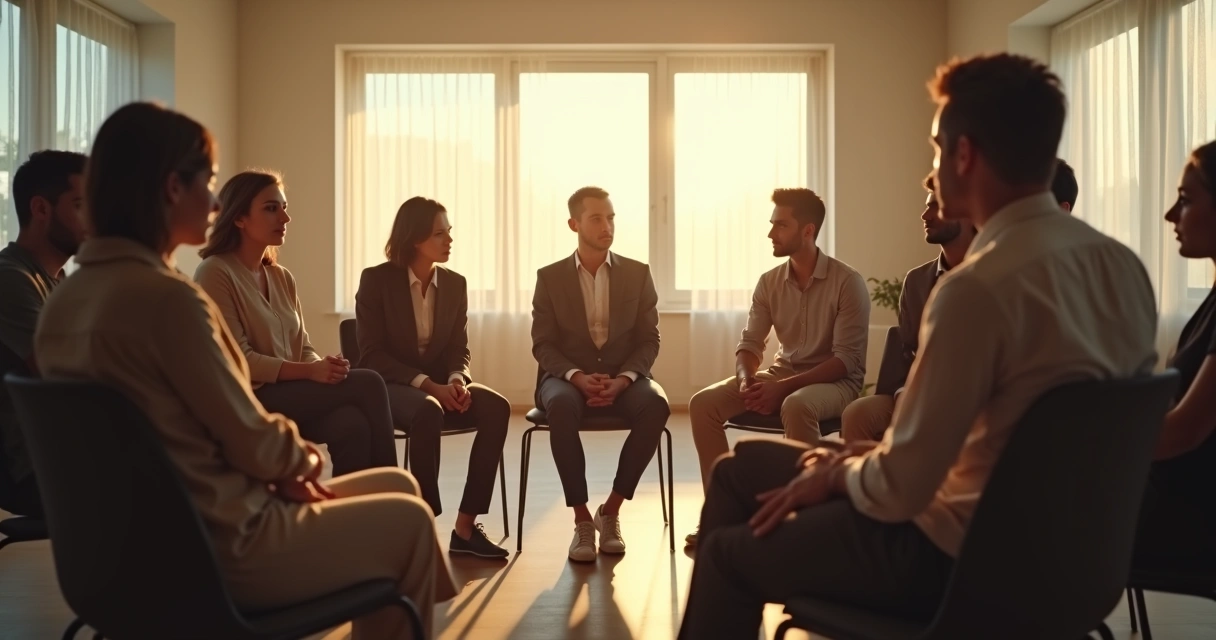 Pessoas em círculo em uma sala, trocando olhares, em silêncio. 