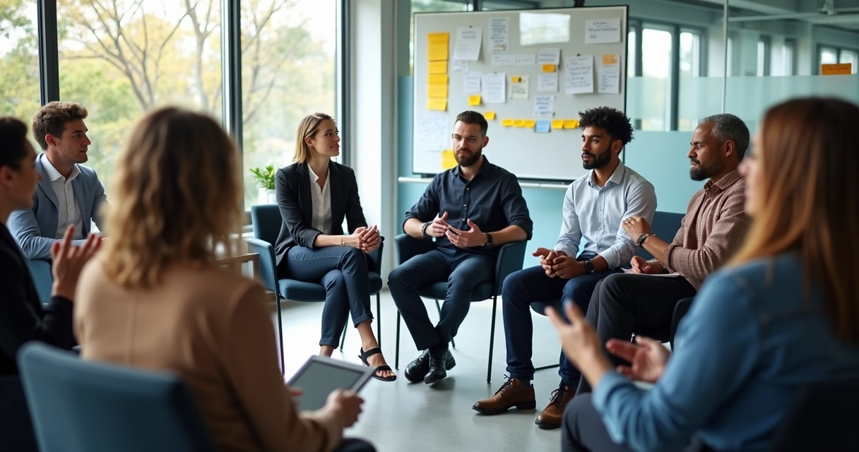 Profissionais em círculo discutindo em uma sala de reuniões ampla, luz natural
