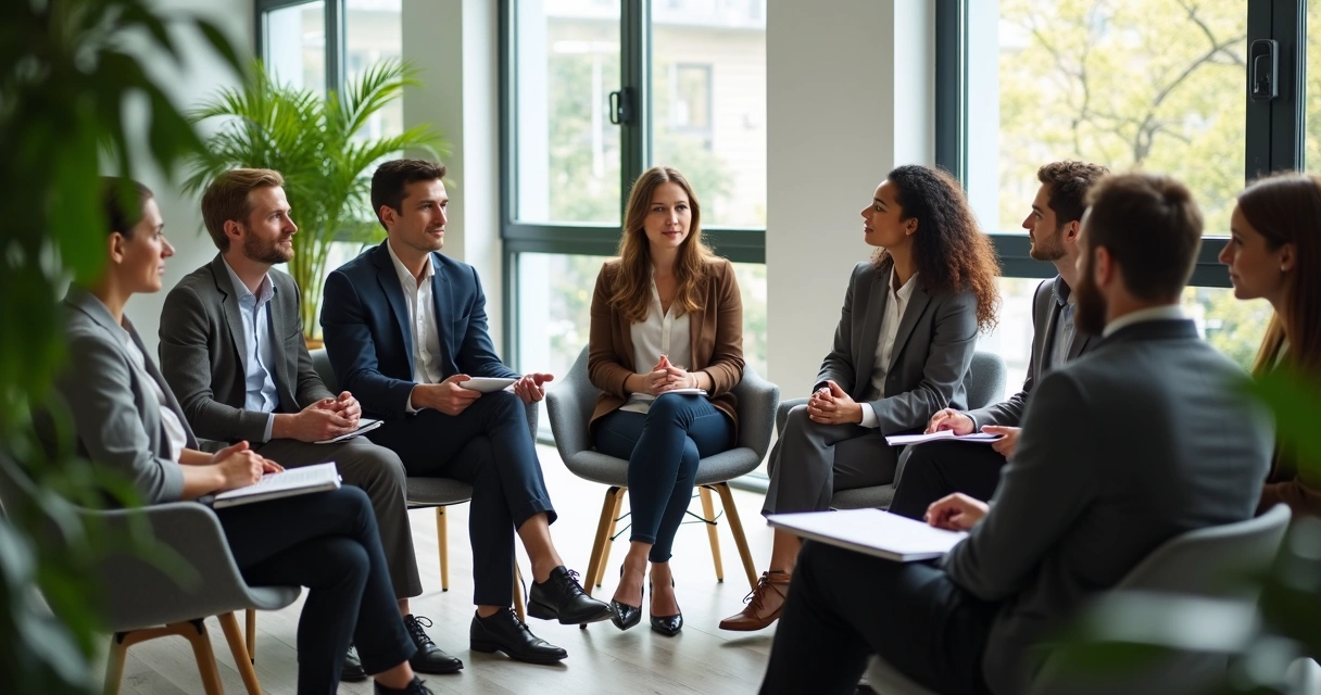 Grupo de pessoas em círculo realizando uma dinâmica de grupo sistêmica em ambiente de trabalho moderno, com troca de olhares e gestos de comunicação empática 