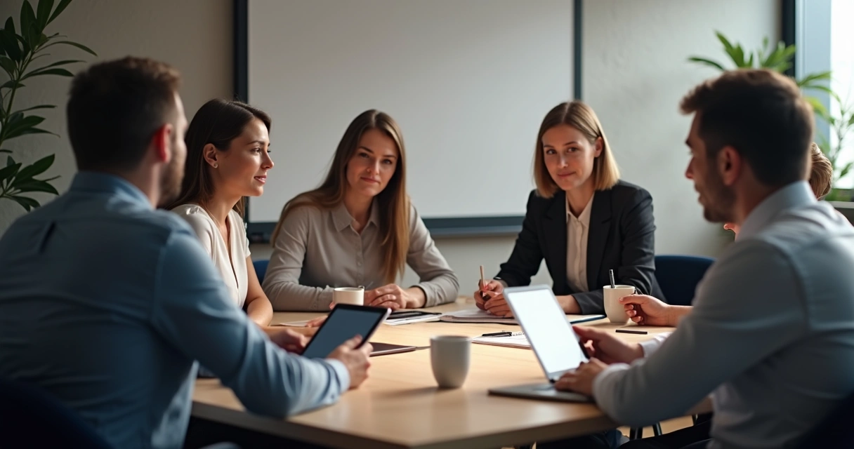 Equipo de trabajo en círculo y rayos de luz conectando miradas y gestos 